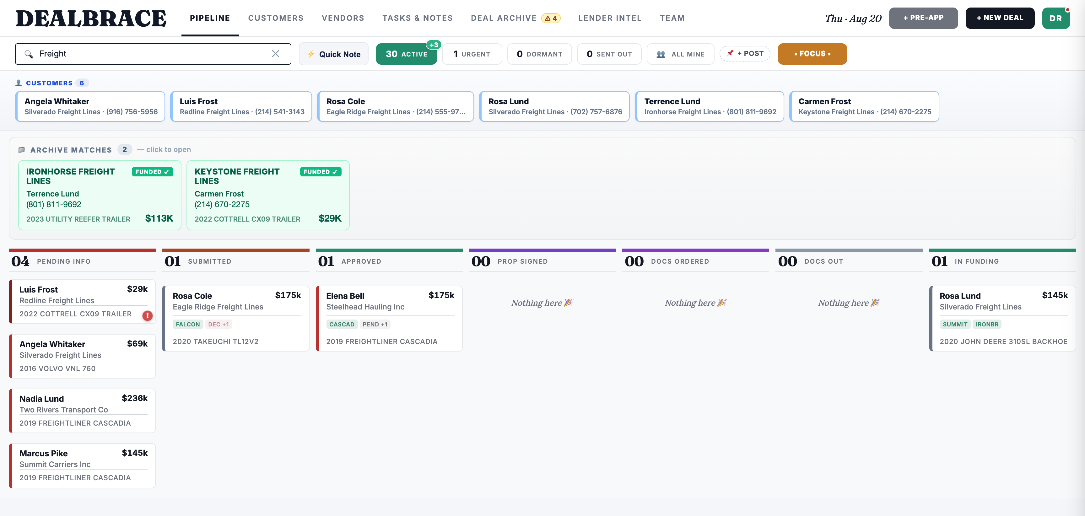 Search across deals, customers, vendors and the archive from the board