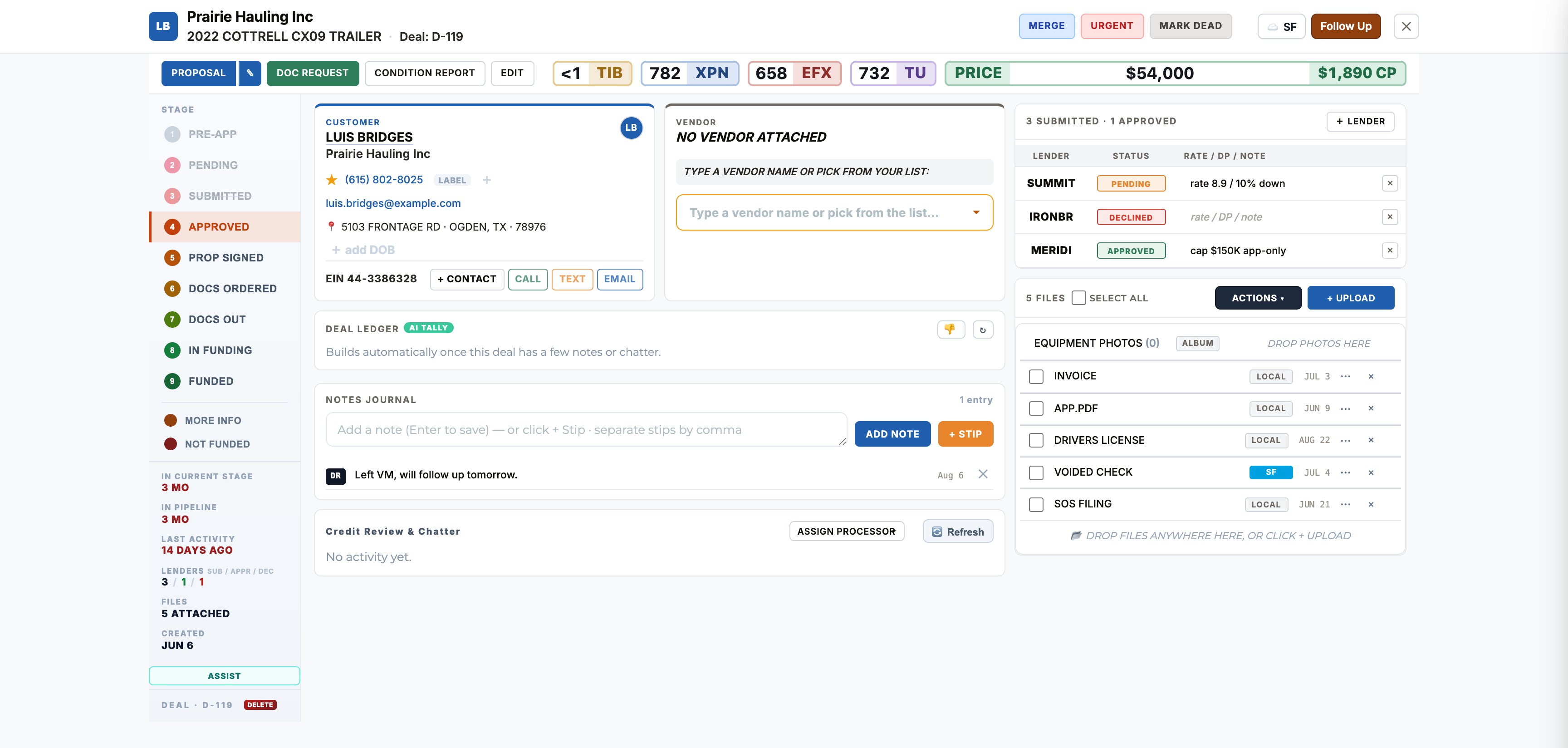 A deal drawer with notes journal, files, submissions and reminders
